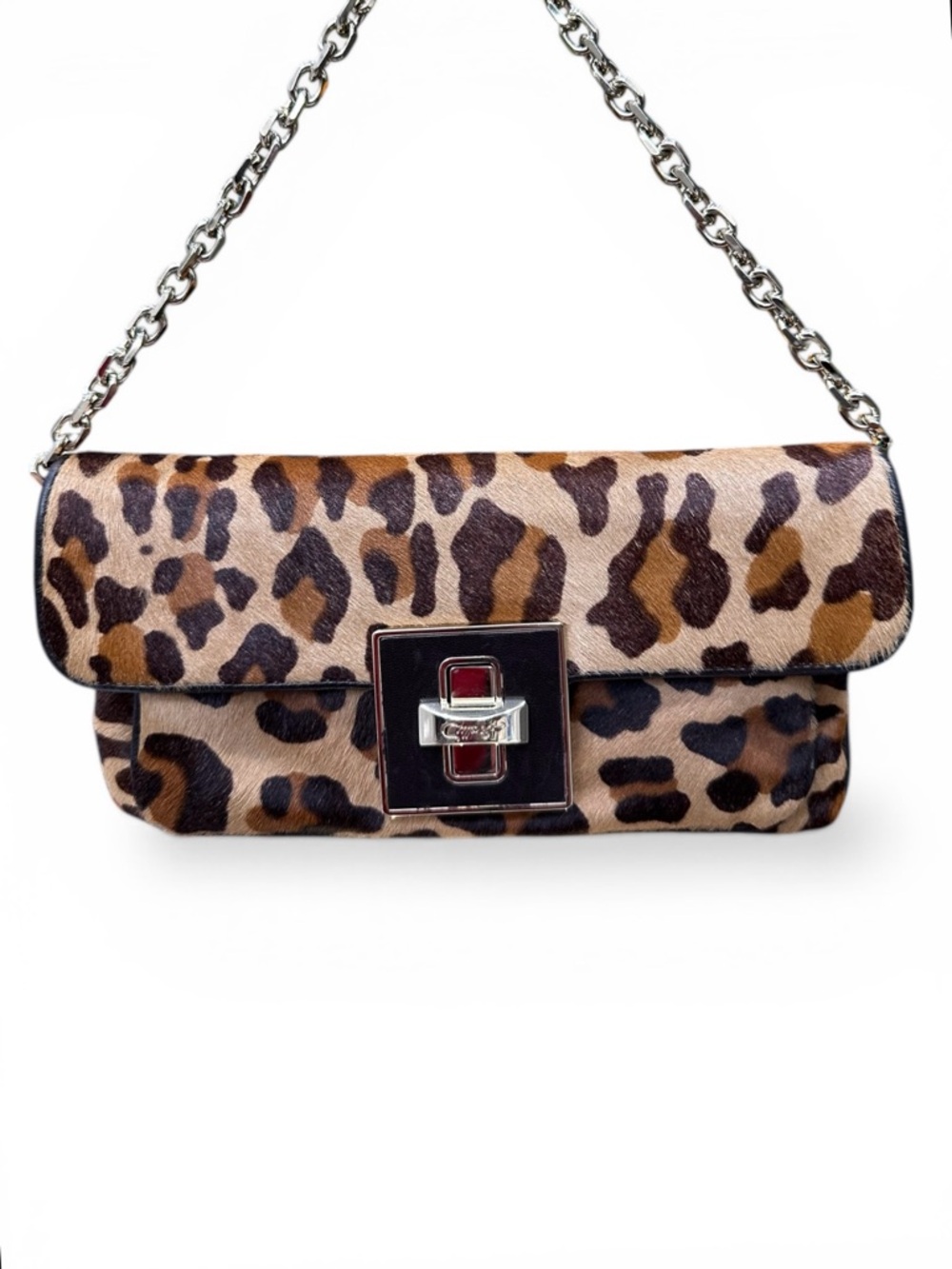 Bally Leopard Calf Hair Clutch Chain Bag Italy Pony Hair Evening Shoulder